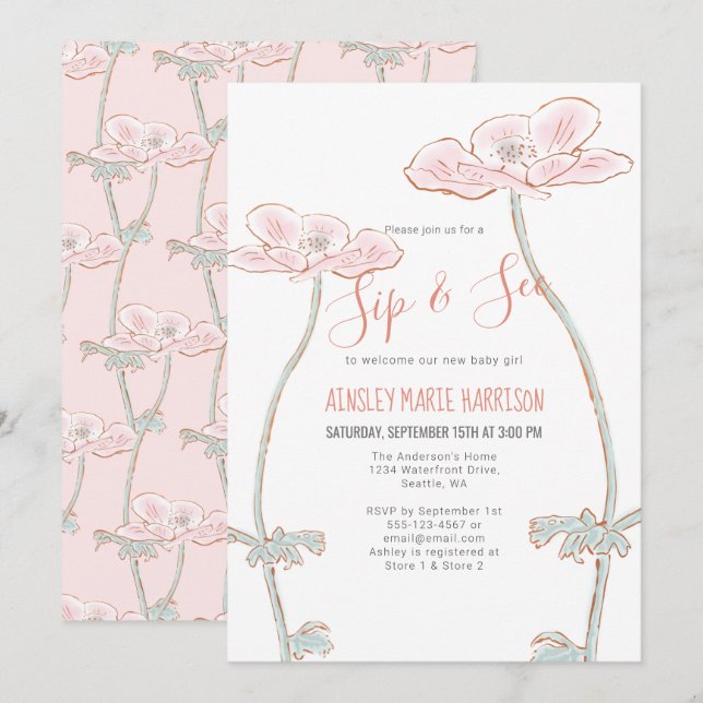 Blush Pink Sip & See Floral Baby Girl Babydusche Einladung (Vorne/Hinten)