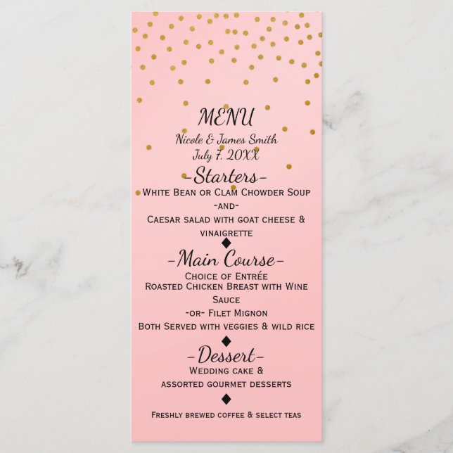 Blush Pink Small Gold Confetti Elegante Menükarte (Vorderseite)