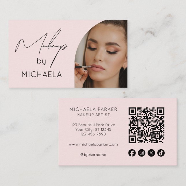 Blush Pink Social Icon QR Code Photo Makeup Visitenkarte (Vorne/Hinten)
