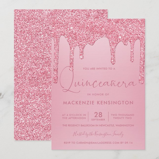 Blush Pink Sparkle Glitzer Tropfen Quinceañera Einladung (Vorne/Hinten)