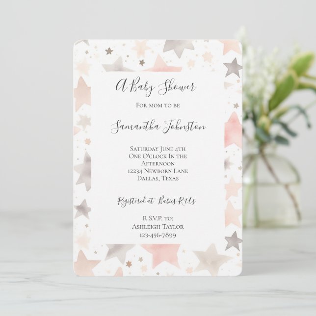 Blush Pink Stars Babydusche Einladung (Stehend Vorderseite)