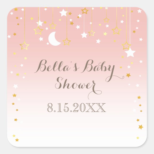 Blush Pink Stars Moon Babydusche Quadratischer Aufkleber (Vorderseite)