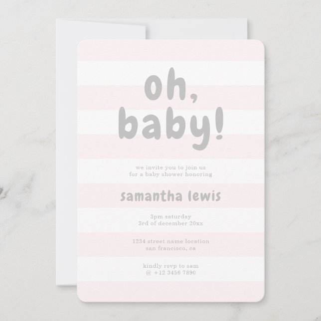 Blush Pink Streifen Light Gray Oh Baby Girl Dusche Einladung (Vorderseite)