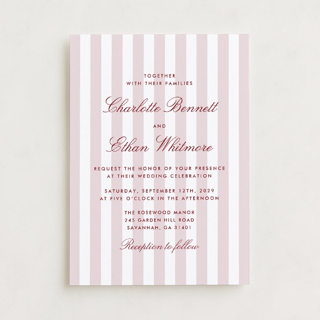 Blush Pink Stripes mit Red Script Moderne Hochzeit Einladung (Von Creator hochgeladen)