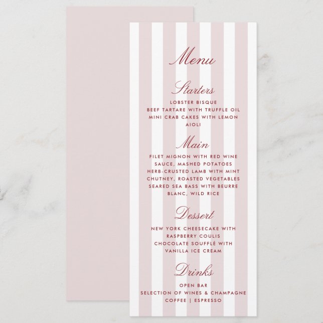 Blush Pink Stripes Moderne Speisekarte für Hochzei Menükarte (Vorne/Hinten)