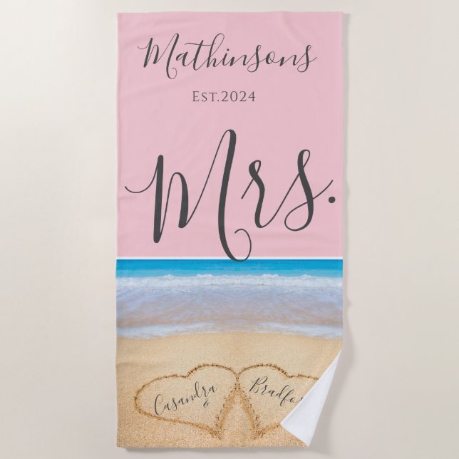 Blush Pink Sunset Beach Hochzeit 2 Herz Strandtuch (Vorderseite)