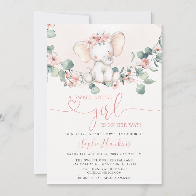 Blush Pink Sweet Little Girl Elephant Baby Dusche Einladung (Vorderseite)