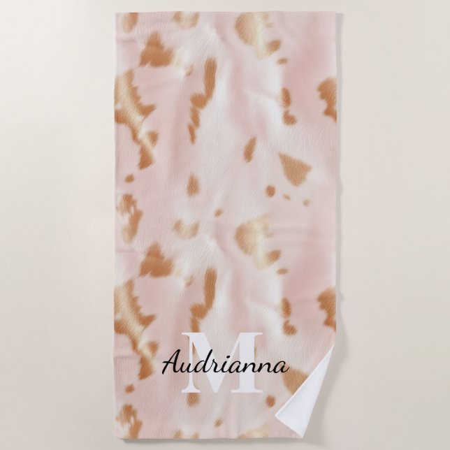 Blush Pink Tan Südwest Imitats Cowhide Cowgirl Strandtuch (Vorderseite)