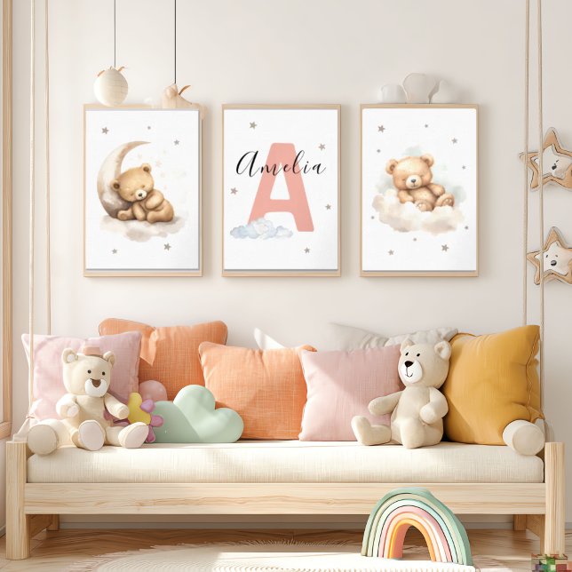 Blush Pink Teddy Bear Nursery Wall Art Custom Name Bilderwand Sets (Von Creator hochgeladen)