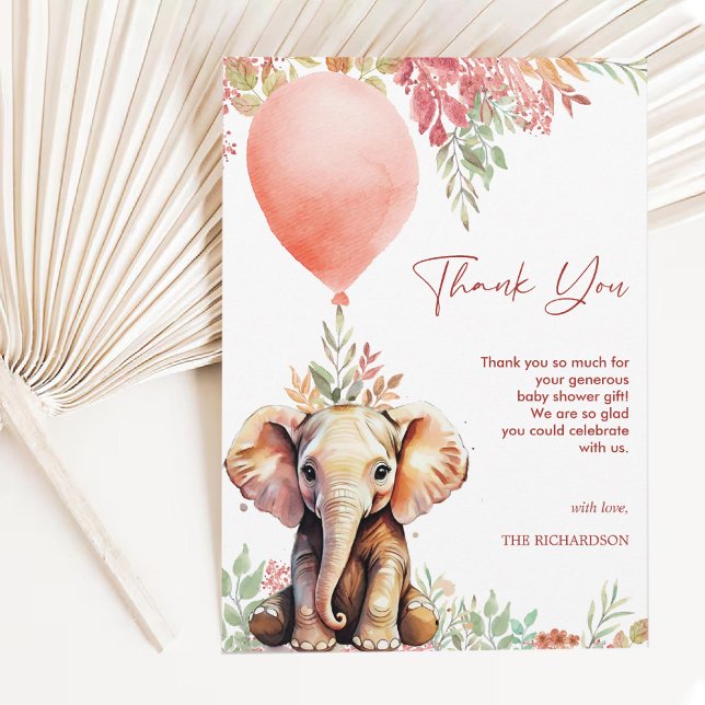 Blush Pink Terracotta Ballon Elephant Baby Dusche Dankeskarte (Blush Pink Terracotta Balloon Elephant Baby Shower Thank You Card)