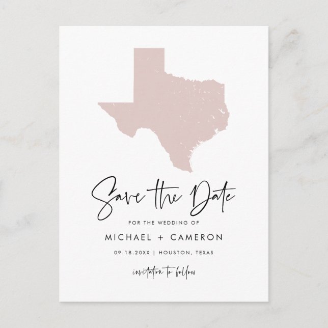 Blush Pink Texas Map Modernes Drehbuch Save the Da Ankündigungspostkarte (Vorderseite)