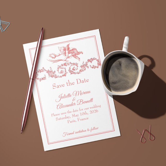 Blush Pink Toile de Jouy Paris Save the Date Card (Von Creator hochgeladen)