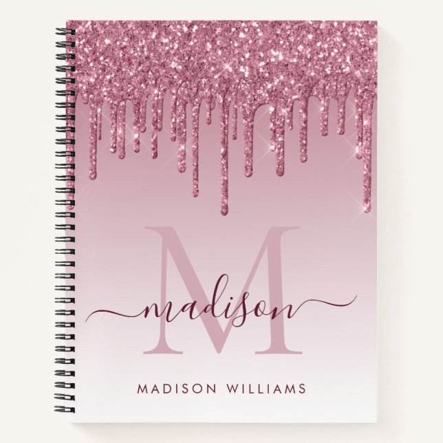 Blush Pink Tropfens Glitzer Sparky Monogram Script Notizbuch (Vorderseite)