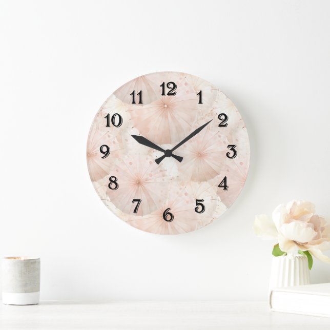 Blush Pink Umbrellas Stripes Große Wanduhr (Zuhause)