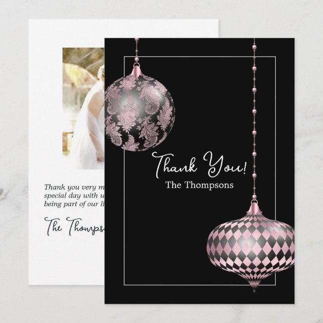 Blush Pink und Black Christmas Baubles Foto Dankeskarte (Vorne/Hinten)