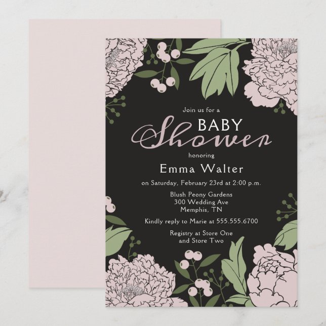 Blush Pink und Black Peonies Baby Dusche Einladung (Vorne/Hinten)
