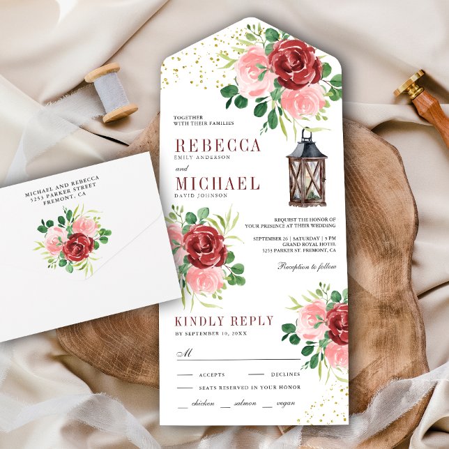 Blush Pink und Burgundy Floral Lantern Hochzeit All In One Einladung (Von Creator hochgeladen)