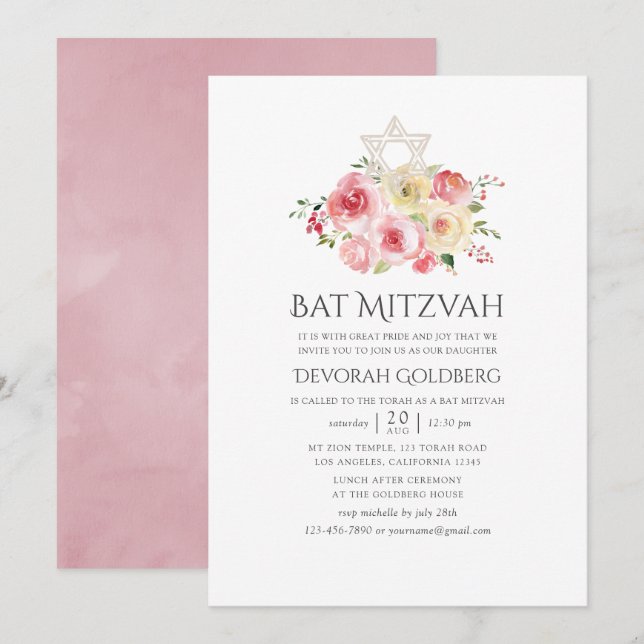 Blush Pink und Gelb Floral Bat Mitzvah Einladung (Vorne/Hinten)