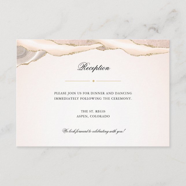Blush Pink und Gold Agate Hochzeitsempfang Begleitkarte (Vorderseite)