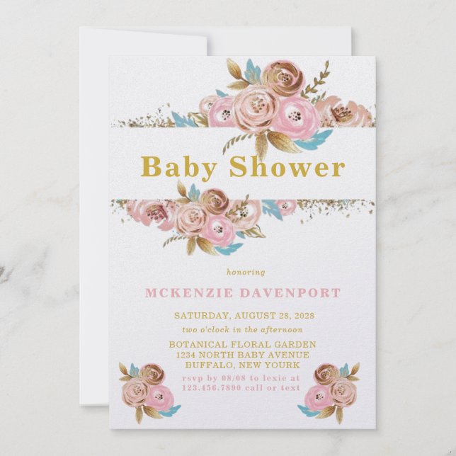 Blush Pink und Gold Aquamarin Peony Baby Dusche Einladung (Vorderseite)