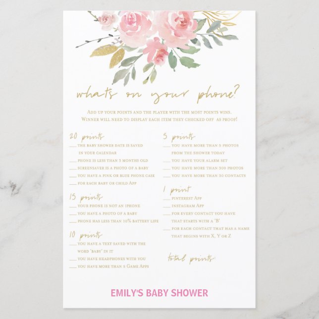 Blush Pink und Gold Baby Duschgame DRUCKT (Vorderseite)