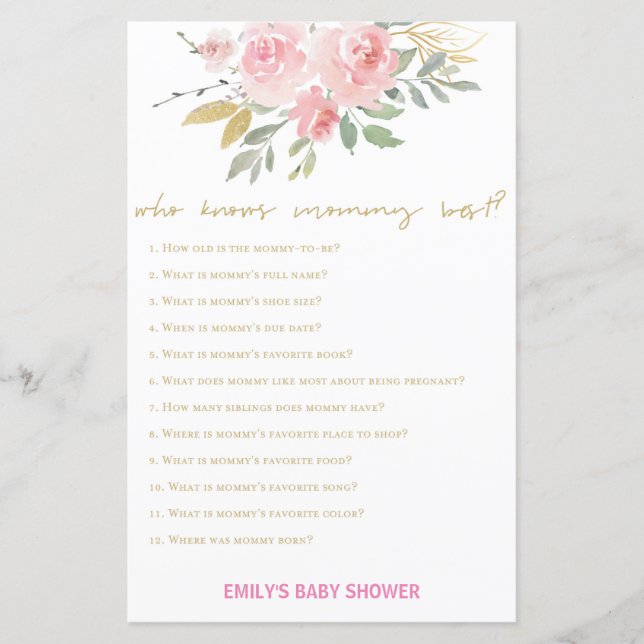 Blush Pink und Gold Baby Duschgame DRUCKT (Vorderseite)