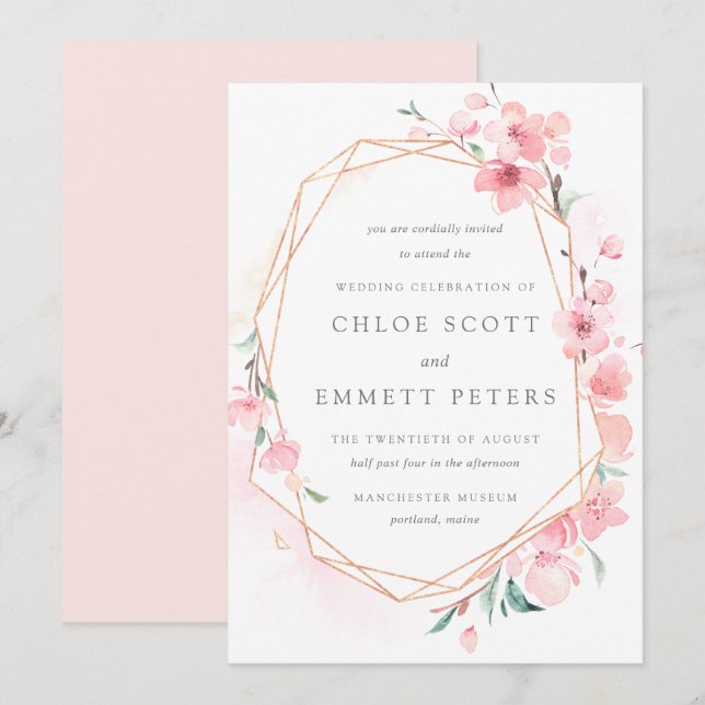 Blush Pink und Gold Cherry Blossom Hochzeit Einladung (Vorne/Hinten)