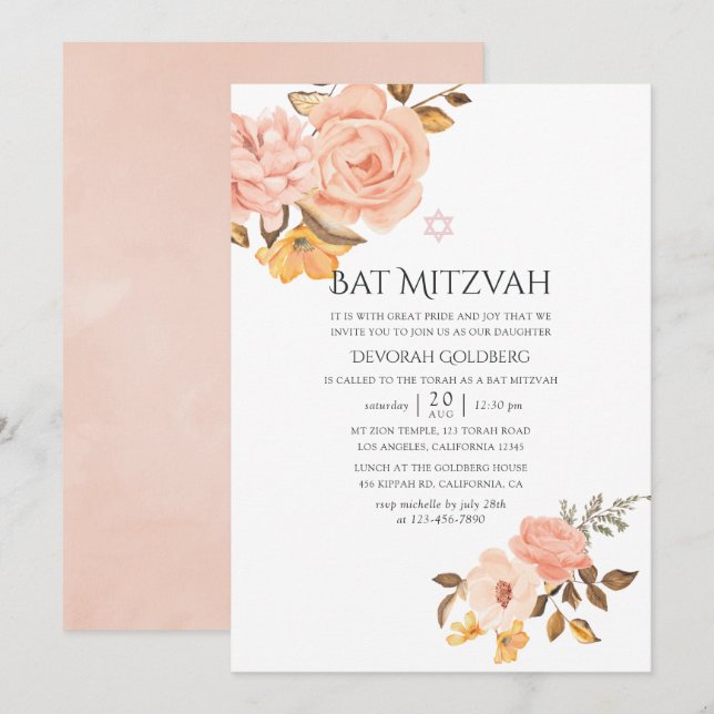 Blush Pink und Gold Floral Bat Mitzvah Einladung (Vorne/Hinten)