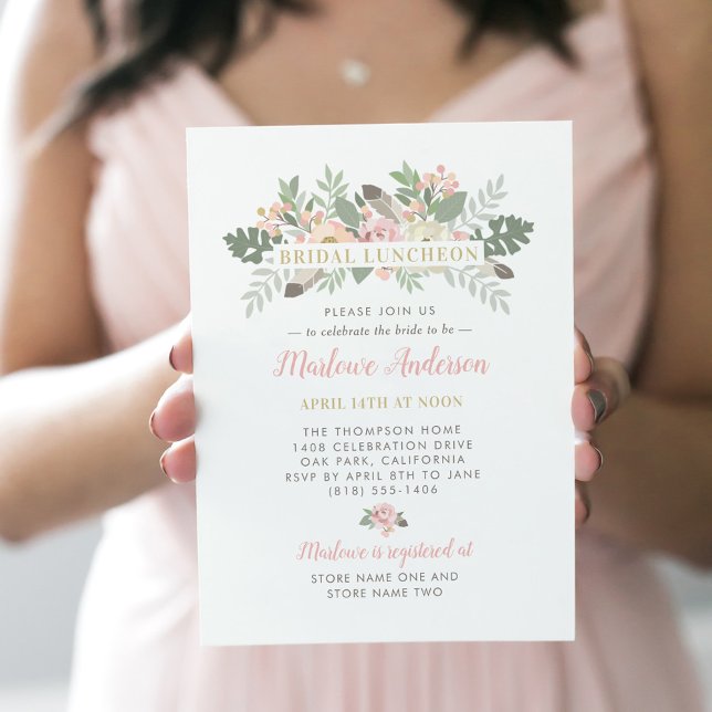 Blush Pink und Gold Floral Boho Bridal Luncheon Einladung (Von Creator hochgeladen)