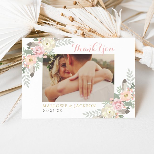 Blush Pink und Gold Floral Boho Wedding Foto Dankeskarte (Von Creator hochgeladen)