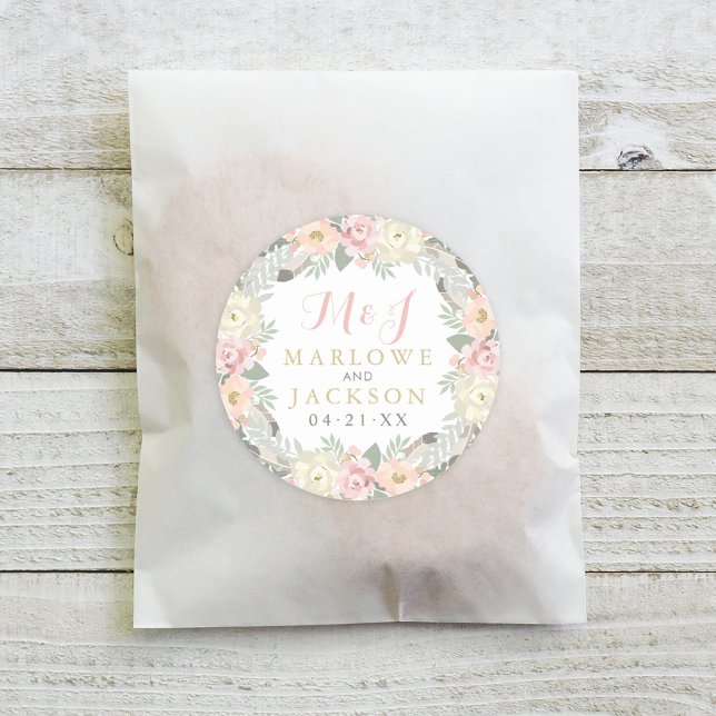 Blush Pink und Gold Floral Boho Wedgram Runder Aufkleber (Von Creator hochgeladen)