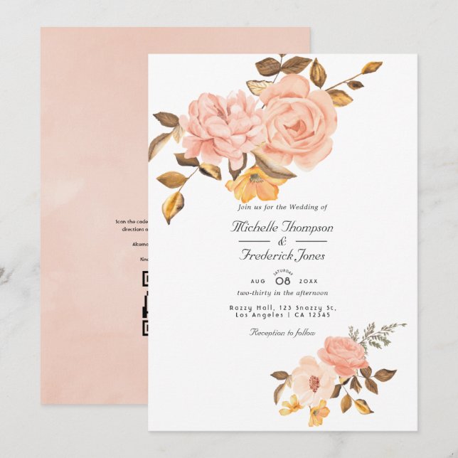 Blush Pink und Gold Floral QR Code UAWG Wedding Einladung (Vorne/Hinten)