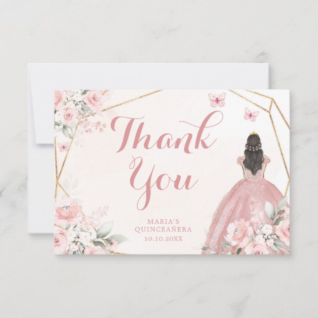 Blush Pink und Gold Floral Quinceanera Dankeskarte (Vorderseite)