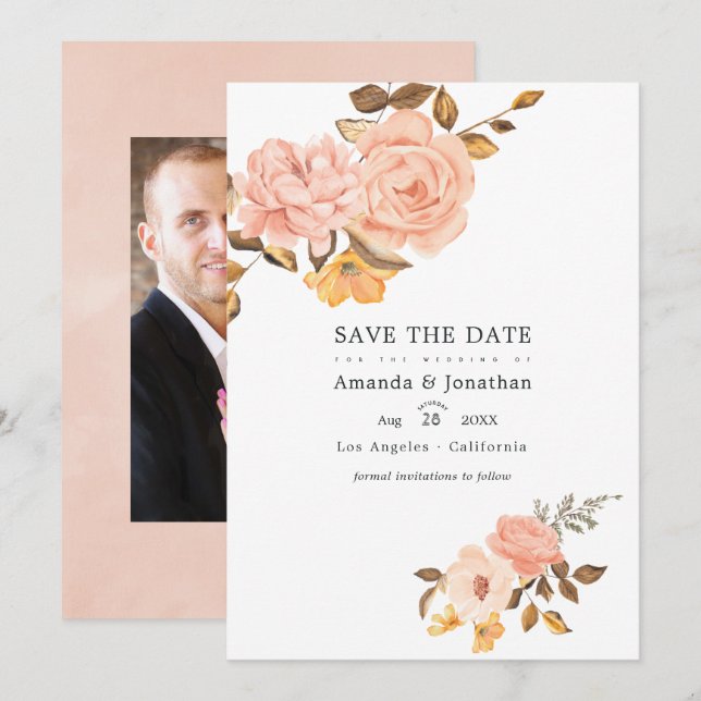 Blush Pink und Gold Floral Wedding Foto Save The Date (Vorne/Hinten)