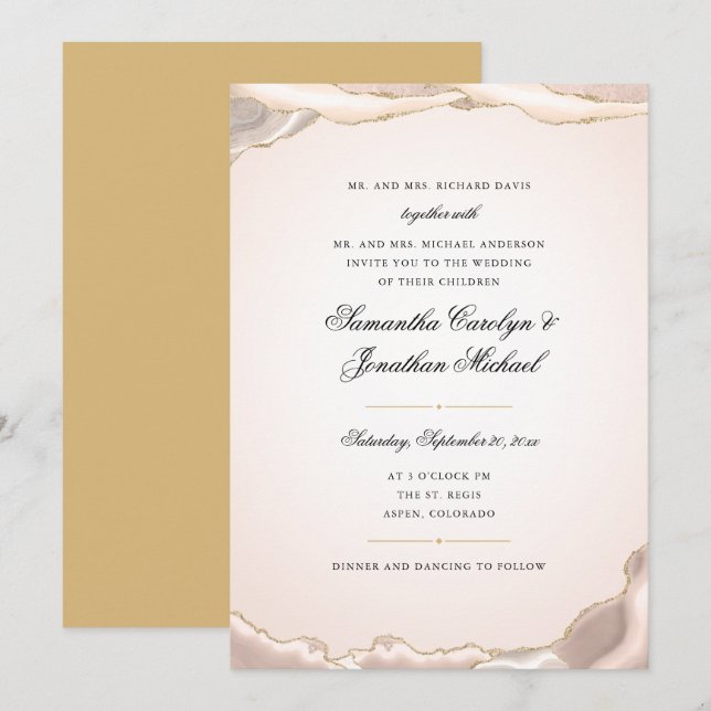 Blush Pink und Gold Glitzer Agate Script Hochzeit Einladung (Vorne/Hinten)