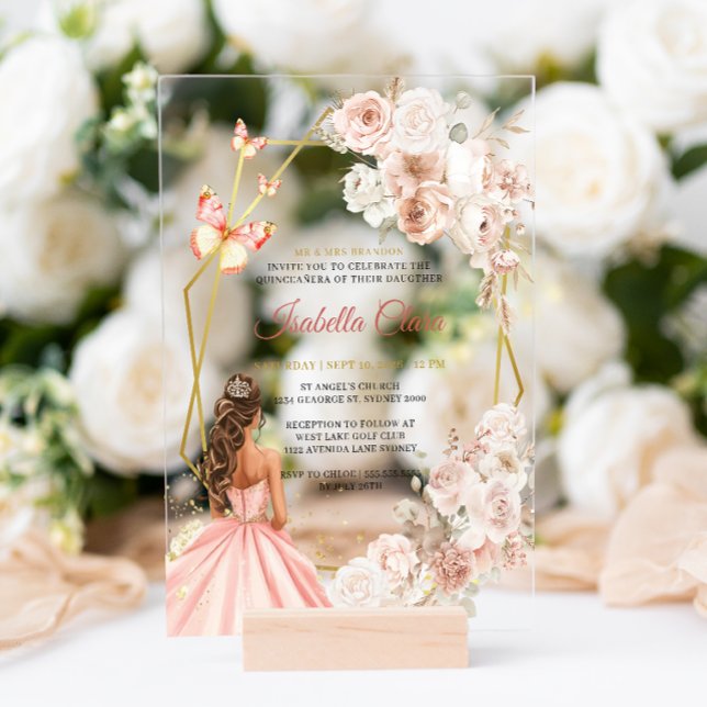 Blush Pink und Gold Prinzessin Quinceanera Acryleinladungen (Von Creator hochgeladen)