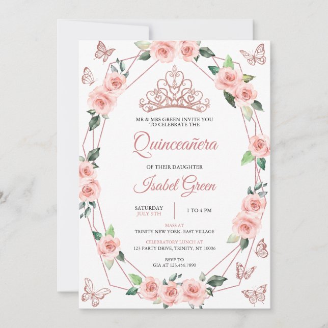Blush Pink und Gold Quinceñera Einladung (Vorderseite)