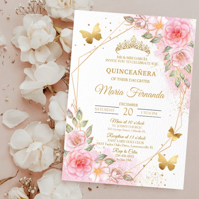 Blush Pink und Gold Quinceñera Geburtstag Einladung (Von Creator hochgeladen)