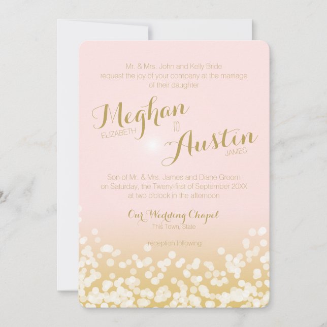 Blush Pink und Gold Sparkle Lights Hochzeit Einladung (Vorderseite)