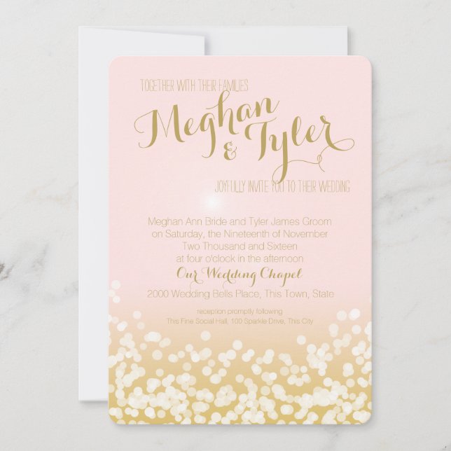 Blush Pink und Gold Sparkle Lights Hochzeit Einladung (Vorderseite)