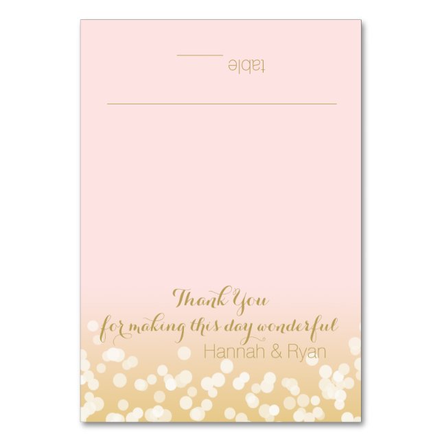 Blush Pink und Gold Twinkle Lights Design Tischnummer (Vorderseite)