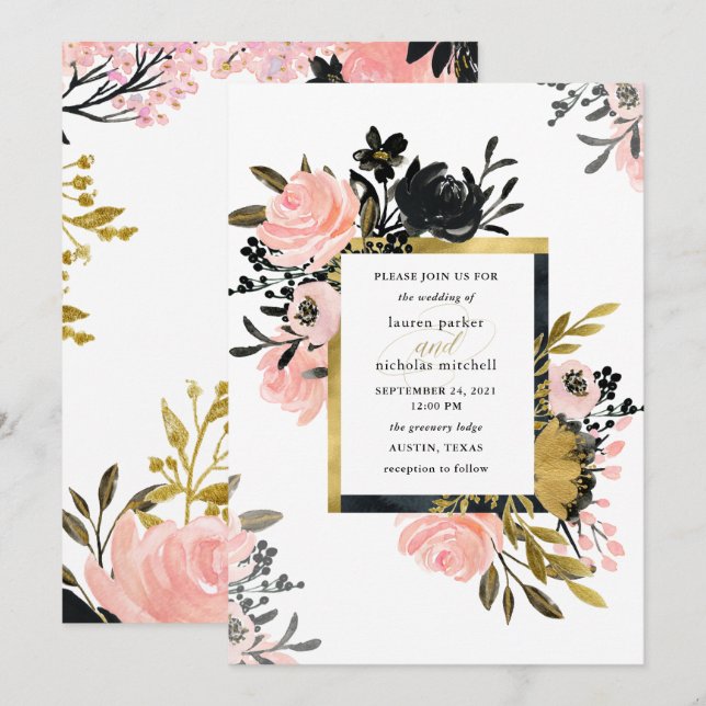 Blush Pink und Gold und Black Floral Wedding Einladung (Vorne/Hinten)
