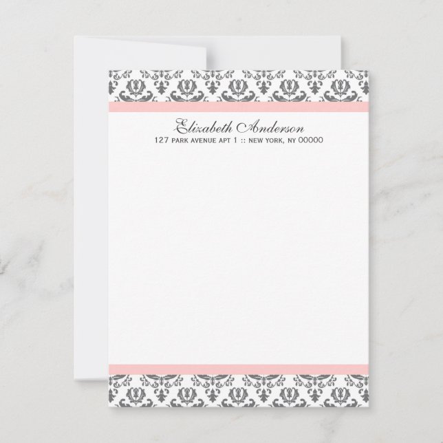 Blush Pink und Grau Damask Flat Vielen Dank Einladung (Vorderseite)