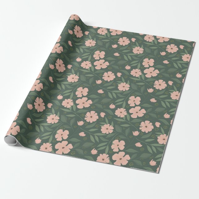 Blush Pink und Hunter Green Hübsch Floral Muster Geschenkpapier (Ungerollt)