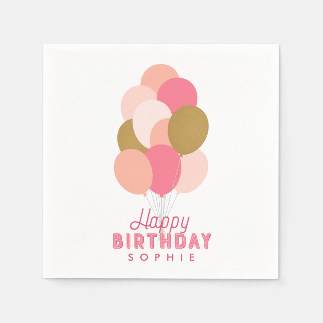 Blush Pink und Imitate Gold Balloons Happy Birthda Serviette (Vorderseite)