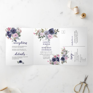 Blush Pink und Indigo Navy Bloral Wedding Dreifach Gefaltete Einladung