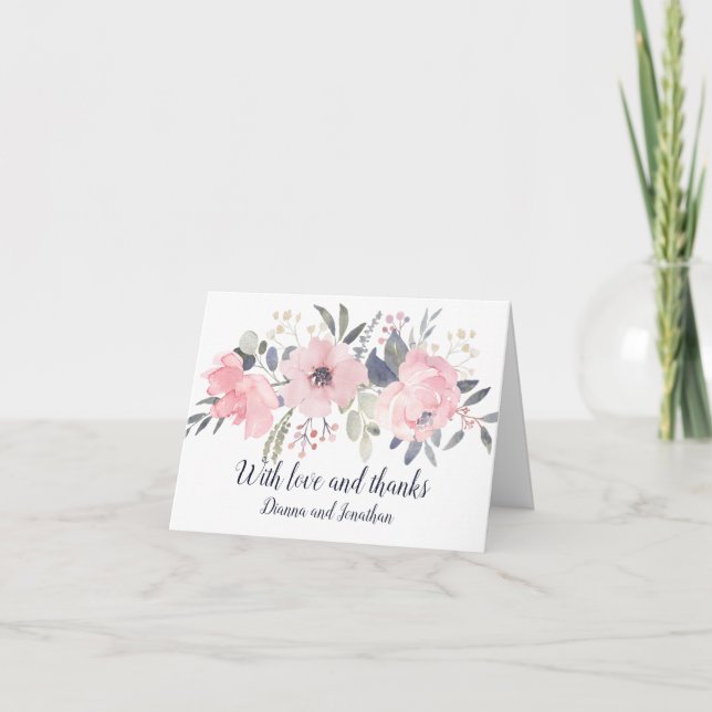 Blush Pink und Navy auf Weiß Danke Karte (Vorderseite)