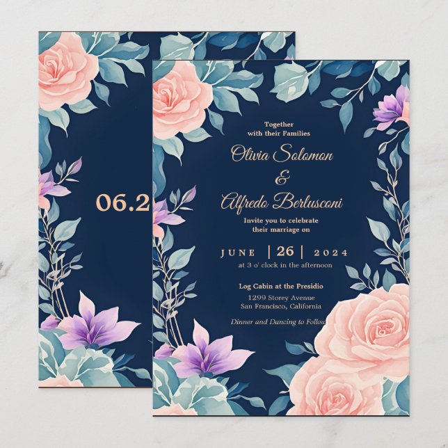 Blush pink und Navy Blue Blumen elegant modern Einladung (Vorne/Hinten)