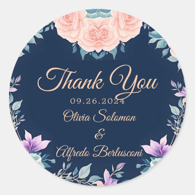 Blush Pink und Navy Blue Floral Elegante Moderne Runder Aufkleber (Vorderseite)