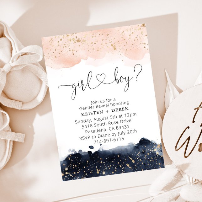 Blush Pink und Navy Blue Watercolor Gender Reveal Einladung (Von Creator hochgeladen)